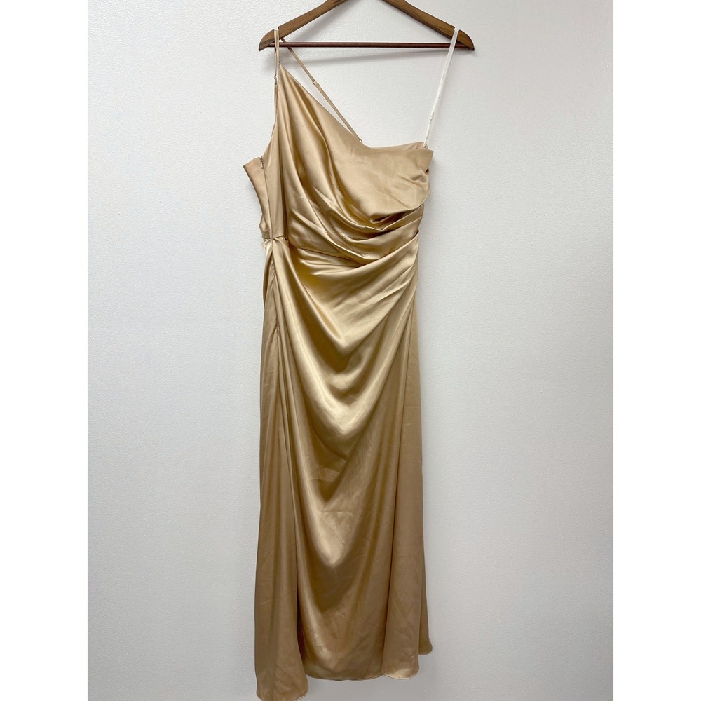 Galina Signature Charmeuse Draped One-Shoulder Gown Golden 14